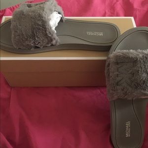 Michael Kors Pearl Grey Faux Fur Sliders
